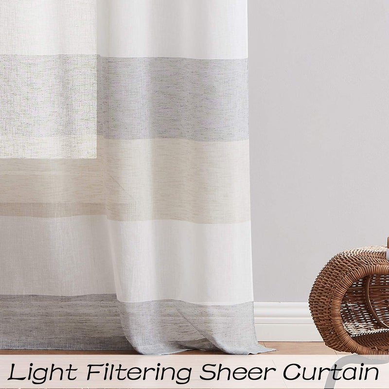 Central Park Gray Tan Stripe Sheer Color Block Window Curtain Panel Linen Window Treatment for Bedroom Living Room Farmhouse 63 inches Long with Grommets, 2 Panel Rustic Drapes - Image 5